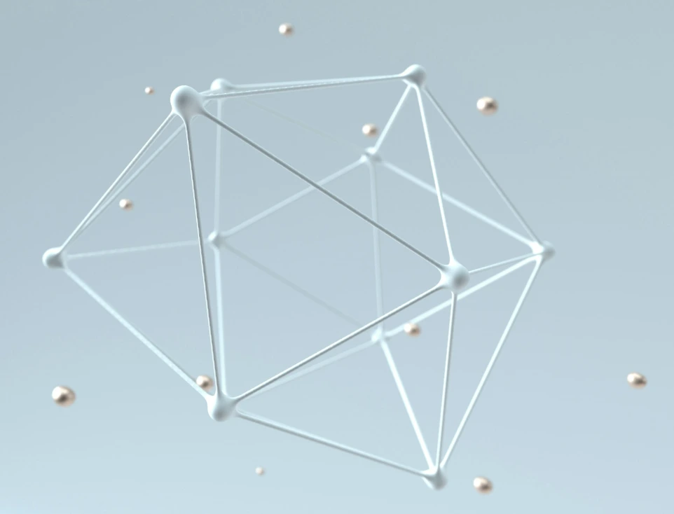 3D wireframe polyhedron with metallic spheres